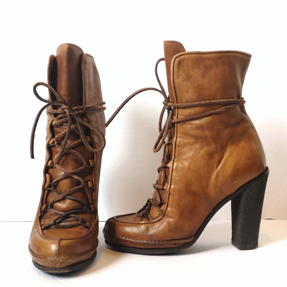 Women’s Lace-Up Brown Leather Ankle Boot - High Heel
